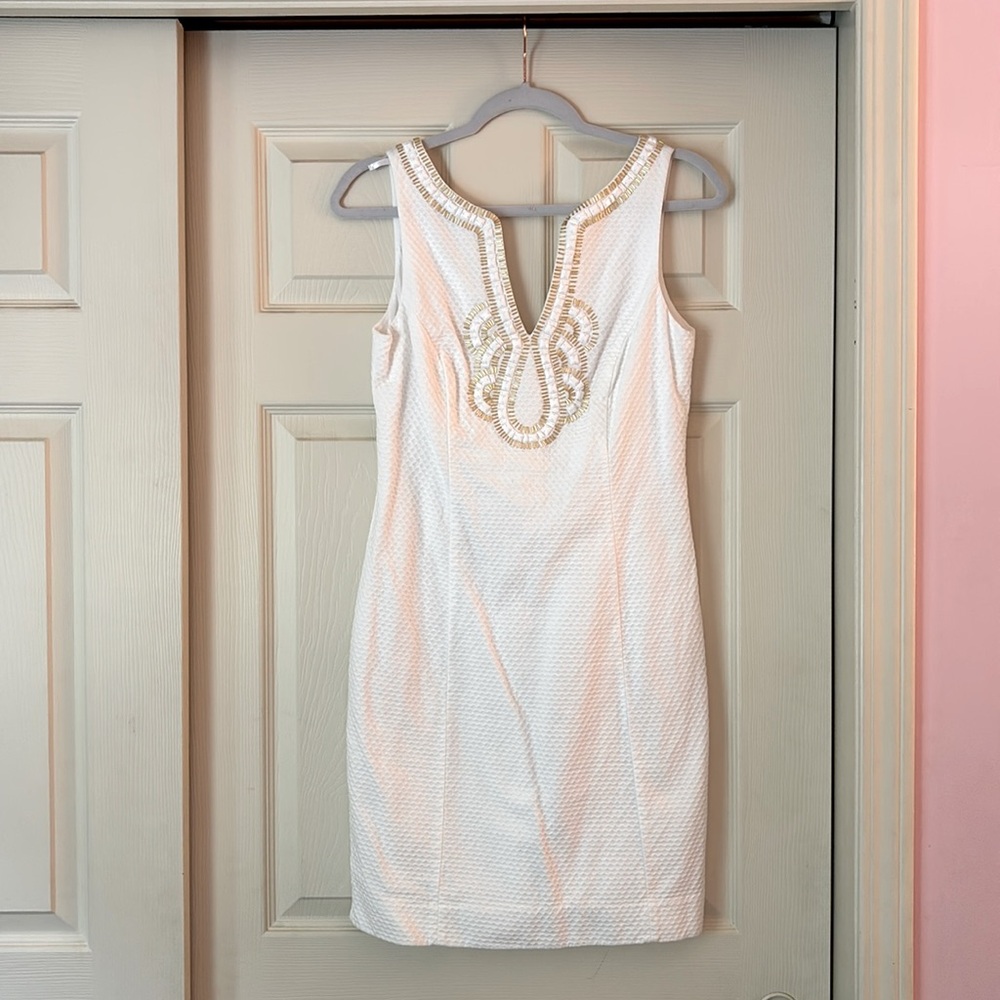 Lilly Pulitzer white textured embellished sleeves shift dress